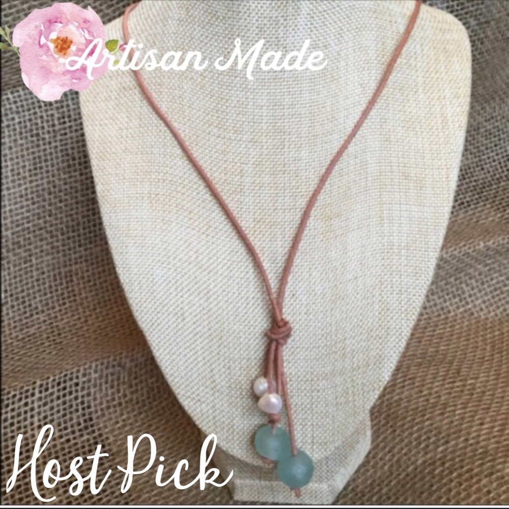 NEW Genuine Pearl Sea Glass Leather Boho Necklace